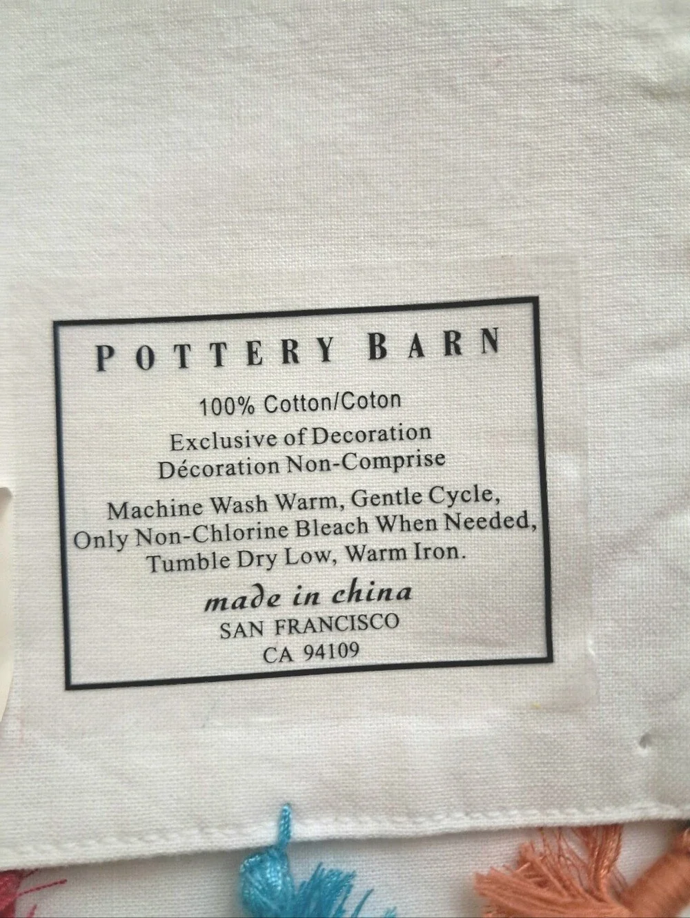 Pottery Barn NWT Table Runner White Cotton With Rainbow Tassles Approx 104x16